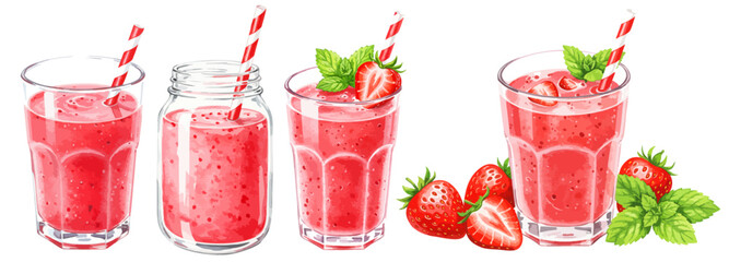 ストロベリースムージーの水彩風手書きイラストセット おしゃれな瓶のジャーグラスに入ったカラフルなストローの刺さったフルーツスムージー  © DROP DESIGN STUDIO
