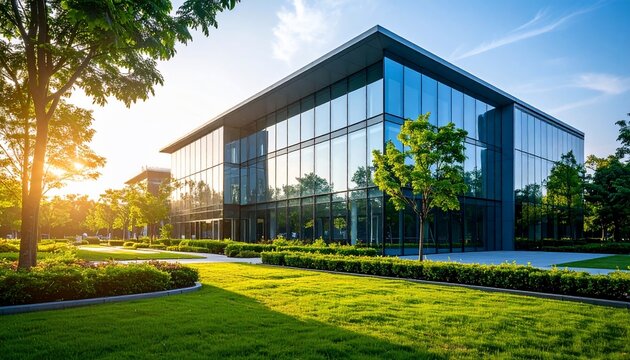 Modern Glass Office Building in Lush Greenery