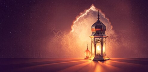Ornate Lantern with Crescent Moon Design Casting Warm Light in a Dark Room Setting, Eid ul Adha Background