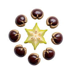 Star fruit surrounded by dark seeds forming a captivating circular arrangement against a Transparent background.  Exotic fruit, vibrant colors, food photography.