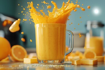 Refreshing Orange Juice Splash. Delicious Citrus Smoothie and Detox Beverage Photography with Vibrant Tropical Color in Kitchen Setting