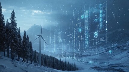 futuristic graphic icon of Scada system network connection technology at wind turbines power station farm.