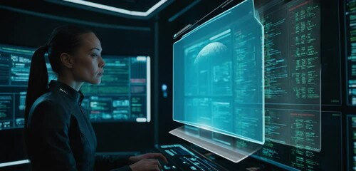 A female cyber security specialist works in a futuristic control room analyzing data on multiple screens - Powered by Adobe