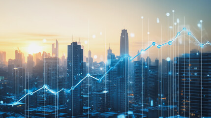 Smart city with connection network reciprocity over the cityscape social media networking systems that connects on the peak of success amid tall, innovative Smart city and graphs with statistics to a
