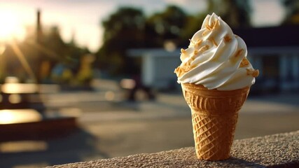 Soft-serve vanilla ice cream cone in hand with warm golden hour sunlight at a beach boardwalk - Powered by Adobe