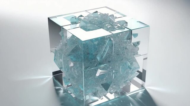 Abstract 3d render of a clear glass cube containing irregular fractured glass inside on white backdrop