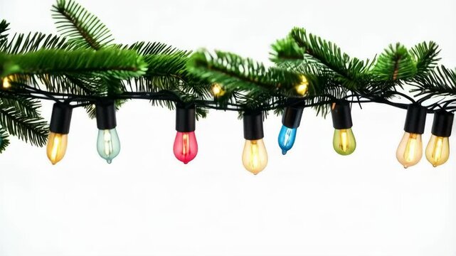 Festive overhead frame of vibrant colorful holiday string lights draped from evergreen boughs on a white background
