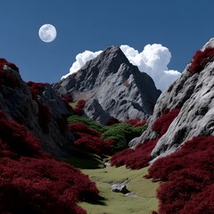Mountain valley with vibrant red foliage, full moon, and dramatic clouds