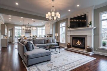 Modern living room with fireplace and kitchen