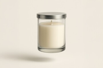 Studio shot of a cylindrical candle in a clear glass holder with a silver lid on a neutral backdrop