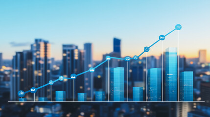 Smart  city with connection network reciprocity over the cityscape social media networking systems that connects on the peak of success amid tall, innovative Smart city and graphs with statistics to a