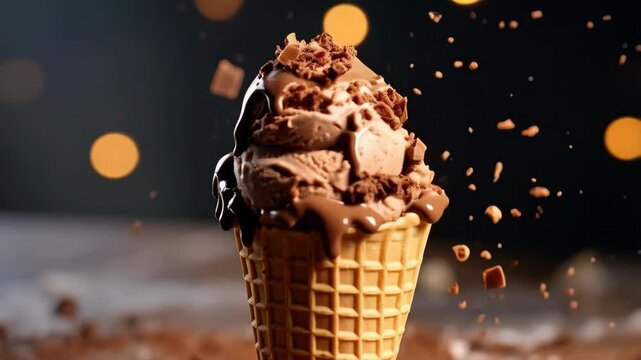 Delicious looking chocolate ice cream cone with syrup and chocolate bits displayed on dark background with chocolate particles.