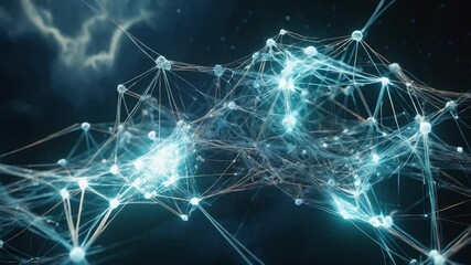 Animated 3d rendering of a neural network with interconnected nodes and glowing energy in abstract digital space - Powered by Adobe