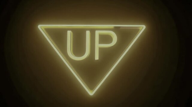 A glowing neon triangle displays the word &ldquo;UP&rdquo; in bold, uppercase letters against a dark background