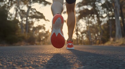 Orange running shoes on a paved road at sunset.