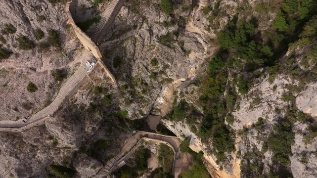 Aerial view of sacred hilltop sanctuary in Moustiers, southern France. Aerial drone video