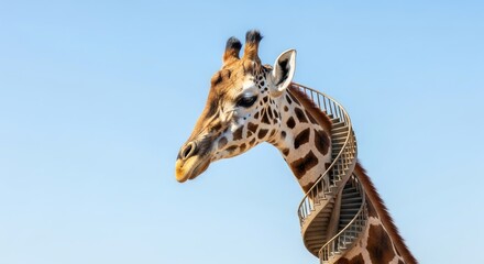 Obraz premium A whimsical animal with a spiral staircase wrapped around its neck against a clear blue sky featuring a creative concept.