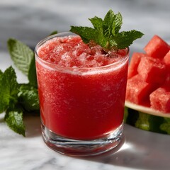 Refreshing, frosty watermelon slushie in a glass, garnished with mint