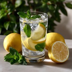 Refreshing glass of water with lemon slices and mint