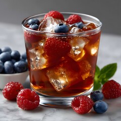 Refreshing iced tea drink with blueberries and raspberries