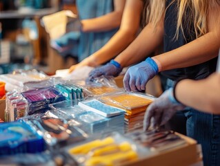 A group of people assembling hygiene kits for homeless shelters, Community Support, Caring and organized