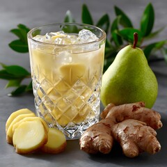 Refreshing pear and ginger drink in a crystal glass with ice