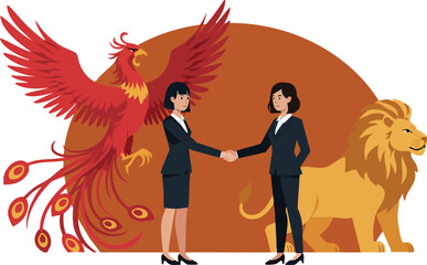 Fototapeta premium Phoenix and lion with businesswomen shaking hands illustration in orange background 