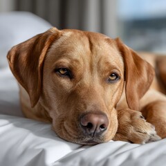 Relaxed golden lab resting on white sheets