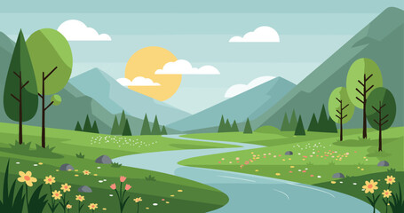 Obraz premium River flowing through green valley with mountains and trees under sun vector illustration 