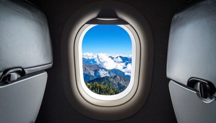 Airplane window. Mountain and clouds view