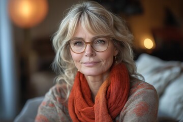 Cozy Portrait of a Smiling Mature Woman in Glasses. Indoor Soft Light for Modern Spring Fashion Style