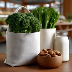 Reusable grocery bags filled with broccoli, leafy greens, and almonds, next to a milk carton