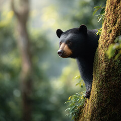 A majestic black bear peers from behind a mossy tree, alert and watchful in a lush forest. Symbolizes wild nature, strength, and mystery. Ideal for conservation or wildlife content.