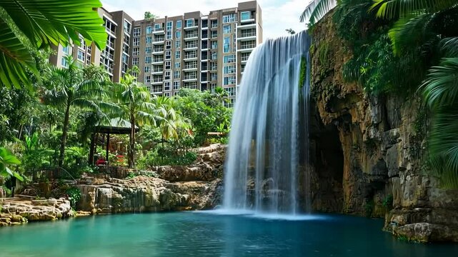 Lush tropical pool with cascading waterfall behind condo building