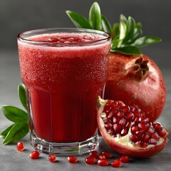 Ruby-red pomegranate juice smoothie in glass, fresh pomegranate arils and leaves