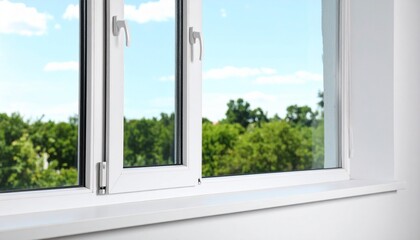 Closeup view of window with empty white sill
