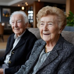 Smiling senior couple seated, enjoying a moment