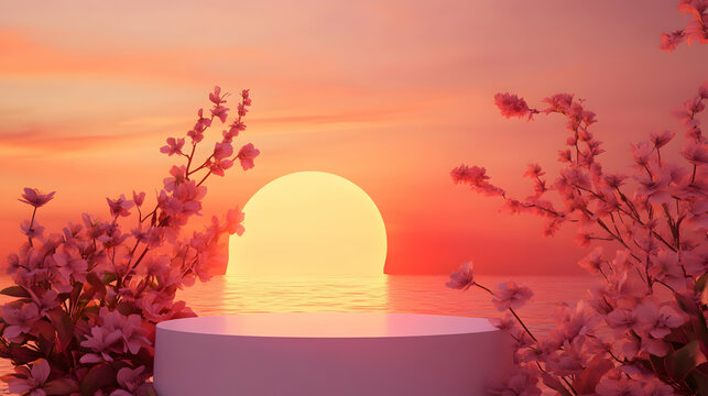Romantic blossom scenery for product display at sunset with a serene water view