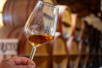 Visit of wine cellar with old large oak barrels, hand holding glass of fortified dry or sweet tasty marsala wine from barrels in Marsala, Sicily, Italy
