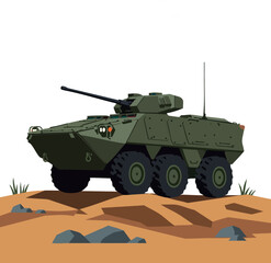 Military Armored Vehicle in Desert Terrain with Green Camouflage and Antenna Vector Illustration 