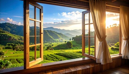  view from window at a wonderful landscape nature view with rice terraces and space