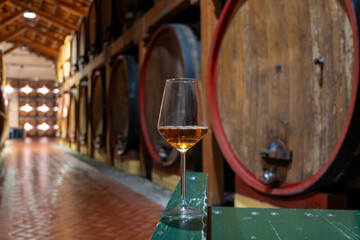 Visit of wine cellar with old large oak barrels, glass of fortified dry or sweet tasty marsala wine from barrels in Marsala, Sicily, Italy