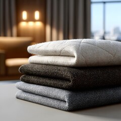 Stacked fabrics in cream, brown, and gray tones on a table in a modern room