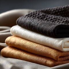 Stacked textiles in brown, cream, and gold tones