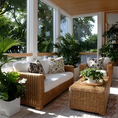 Sun-drenched porch with wicker furniture and lush plants