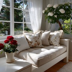 Sun-drenched white room with window seat