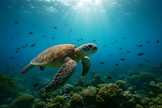 AI-Generated Sea Turtle Swimming Over Coral Reef for World Oceans Day Celebration