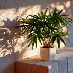 Sunlight casts shadows on a small palm plant in a white pot