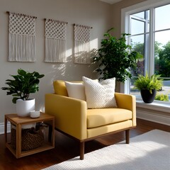 Sunny corner room with yellow armchair and macrame wall hangings