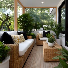 Sunny sunroom with wicker furniture and plants
